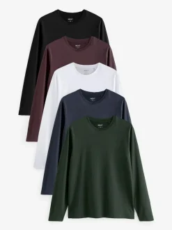 Next Regular Fit Regular Fit Long Sleeve 100% Cotton T-Shirts 5 Pack Black/White/Navy Blue/Green/Burgundy Red Clearance