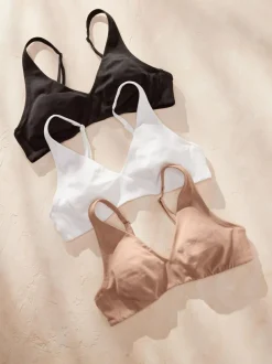 Next Non Pad Non Wire Cotton Blend Ultimate Comfort Bras 3 Pack Black/White/Pastel Rose Nude Clearance