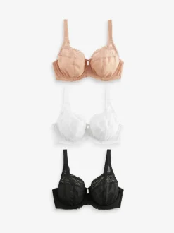 Next DD+ Lace Trim Non Pad Full Cup Underwired Bras 3 Pack Black/White/Praline Nude Sale