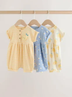 Next Blue and Lemon Printed Button T Shirt Jersey 3 Pack Baby Rompers Sale