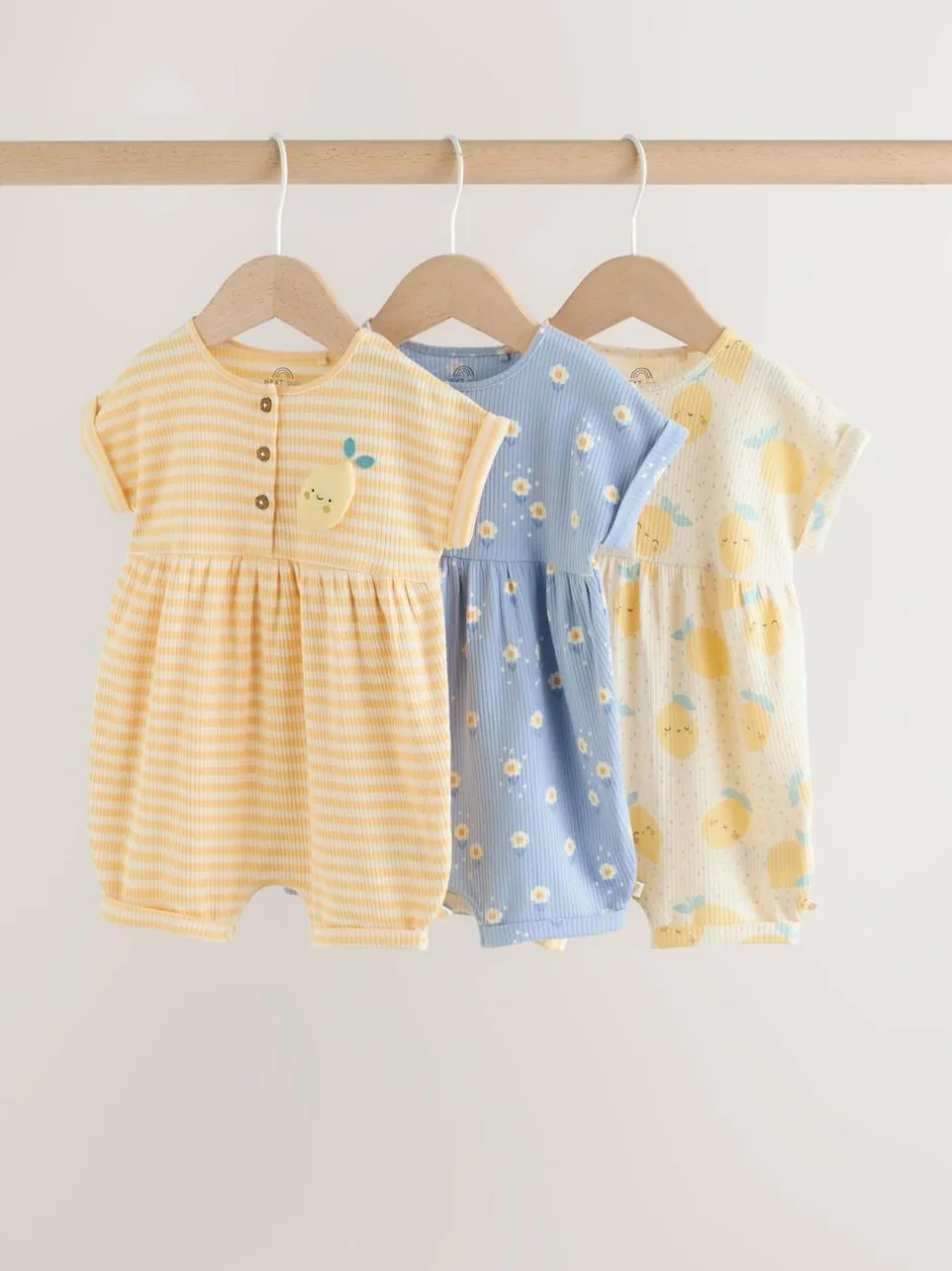 Next Blue and Lemon Printed Button T Shirt Jersey 3 Pack Baby Rompers Sale