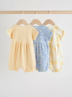 Next Blue and Lemon Printed Button T Shirt Jersey 3 Pack Baby Rompers Sale