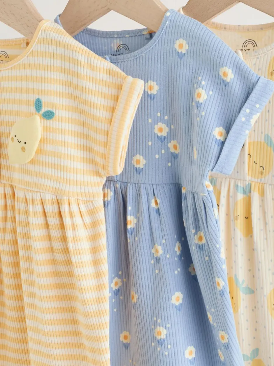 Next Blue and Lemon Printed Button T Shirt Jersey 3 Pack Baby Rompers Sale