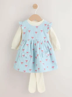 Next Blue Bow Baby Cord Pinafore Long Sleeve Bodysuit & Tights Set (0mths-2yrs) Best
