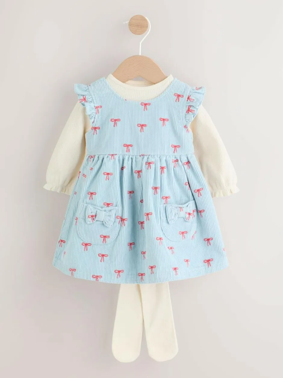 Next Blue Bow Baby Cord Pinafore Long Sleeve Bodysuit & Tights Set (0mths-2yrs) Best