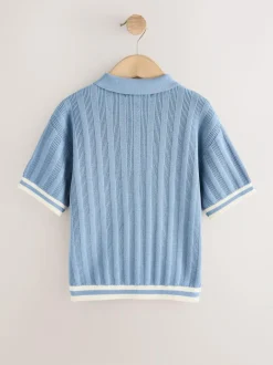 Next Button Neck Knitted Polo Shirt (3-16yrs) Blue Outlet