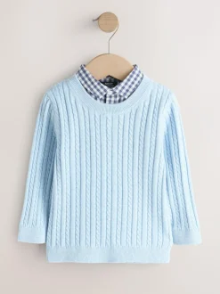 Next Blue Cable Knit Mock Shirt Jumper (3mths-7yrs) Outlet