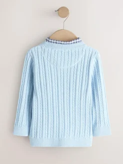 Next Blue Cable Knit Mock Shirt Jumper (3mths-7yrs) Outlet