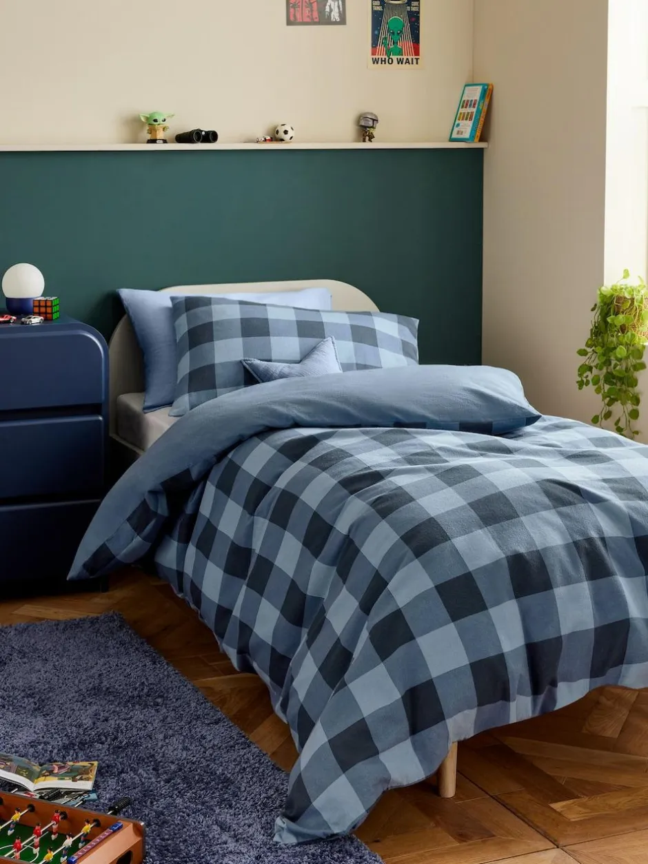 Next Duvet Cover and Pillowcase Set Blue Check Super Soft Brushed Cotton