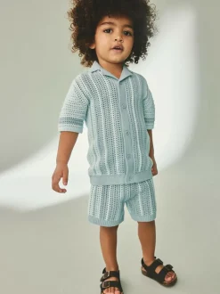 Next Blue Crochet Knitted Short Sleeve Shirt and Shorts Set (3mths-10yrs) Outlet