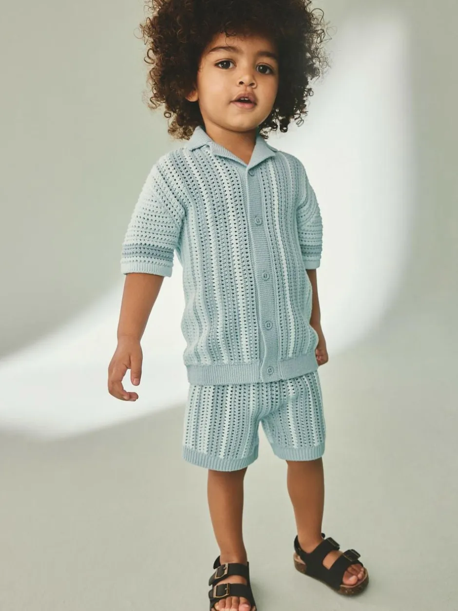 Next Blue Crochet Knitted Short Sleeve Shirt and Shorts Set (3mths-10yrs) Outlet