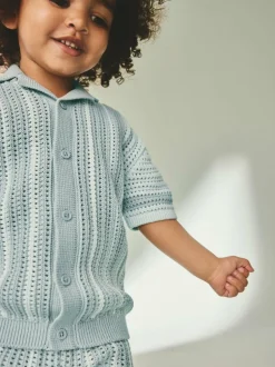 Next Blue Crochet Knitted Short Sleeve Shirt and Shorts Set (3mths-10yrs) Outlet
