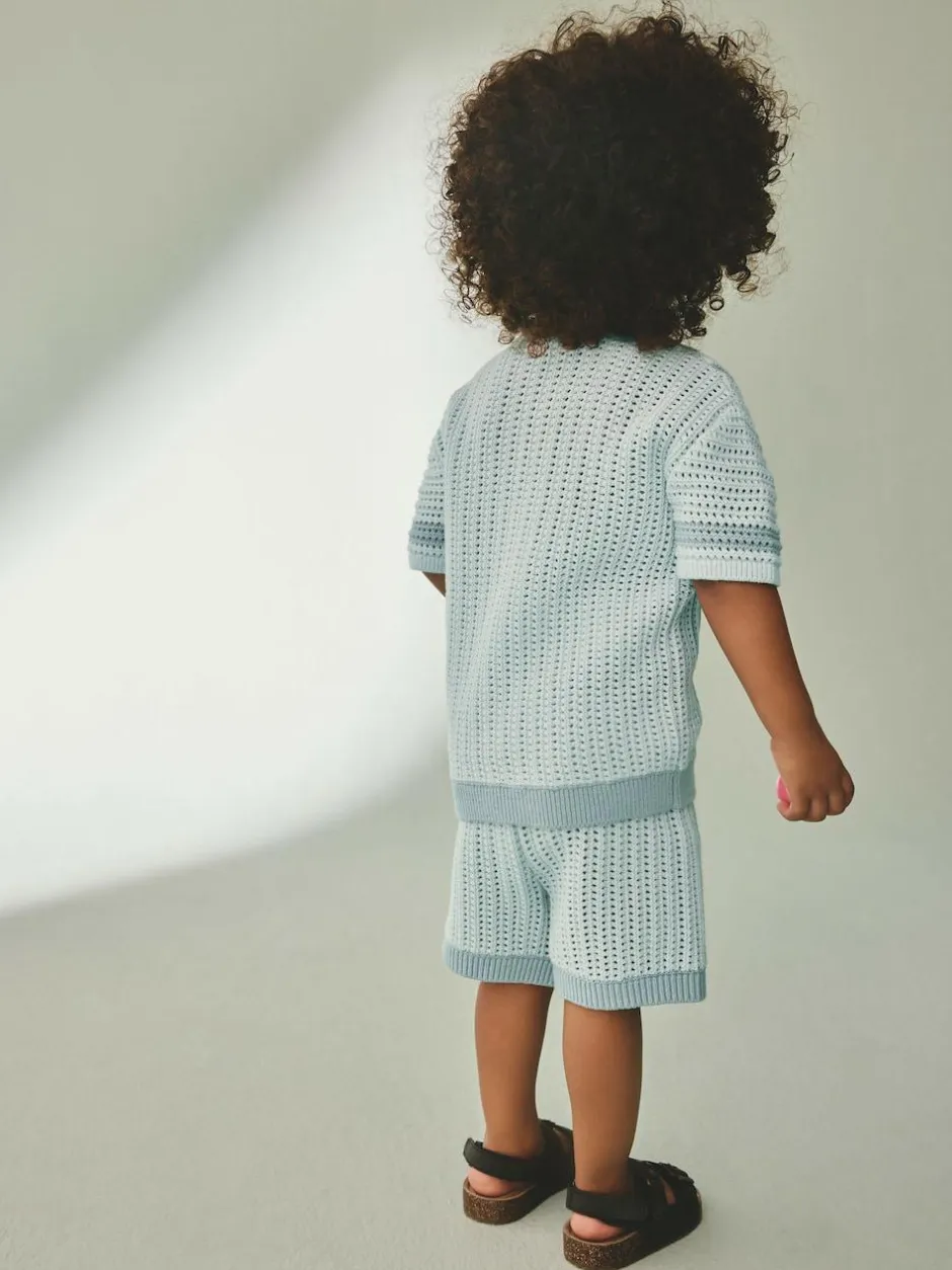 Next Blue Crochet Knitted Short Sleeve Shirt and Shorts Set (3mths-10yrs) Outlet