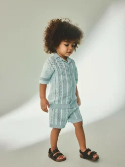 Next Blue Crochet Knitted Short Sleeve Shirt and Shorts Set (3mths-10yrs) Outlet