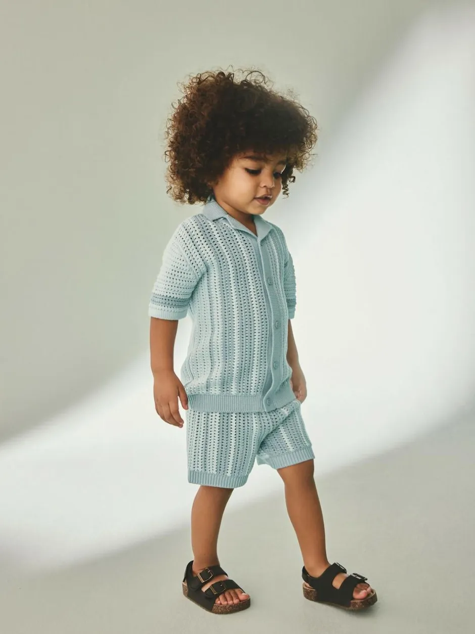 Next Blue Crochet Knitted Short Sleeve Shirt and Shorts Set (3mths-10yrs) Outlet
