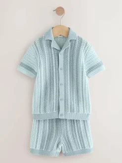 Next Blue Crochet Knitted Short Sleeve Shirt and Shorts Set (3mths-10yrs) Outlet