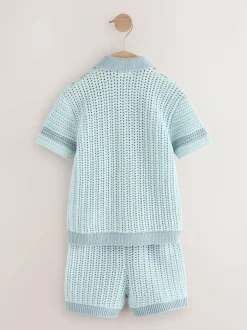 Next Blue Crochet Knitted Short Sleeve Shirt and Shorts Set (3mths-10yrs) Outlet