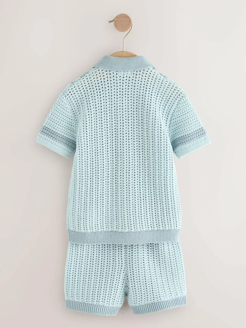 Next Blue Crochet Knitted Short Sleeve Shirt and Shorts Set (3mths-10yrs) Outlet