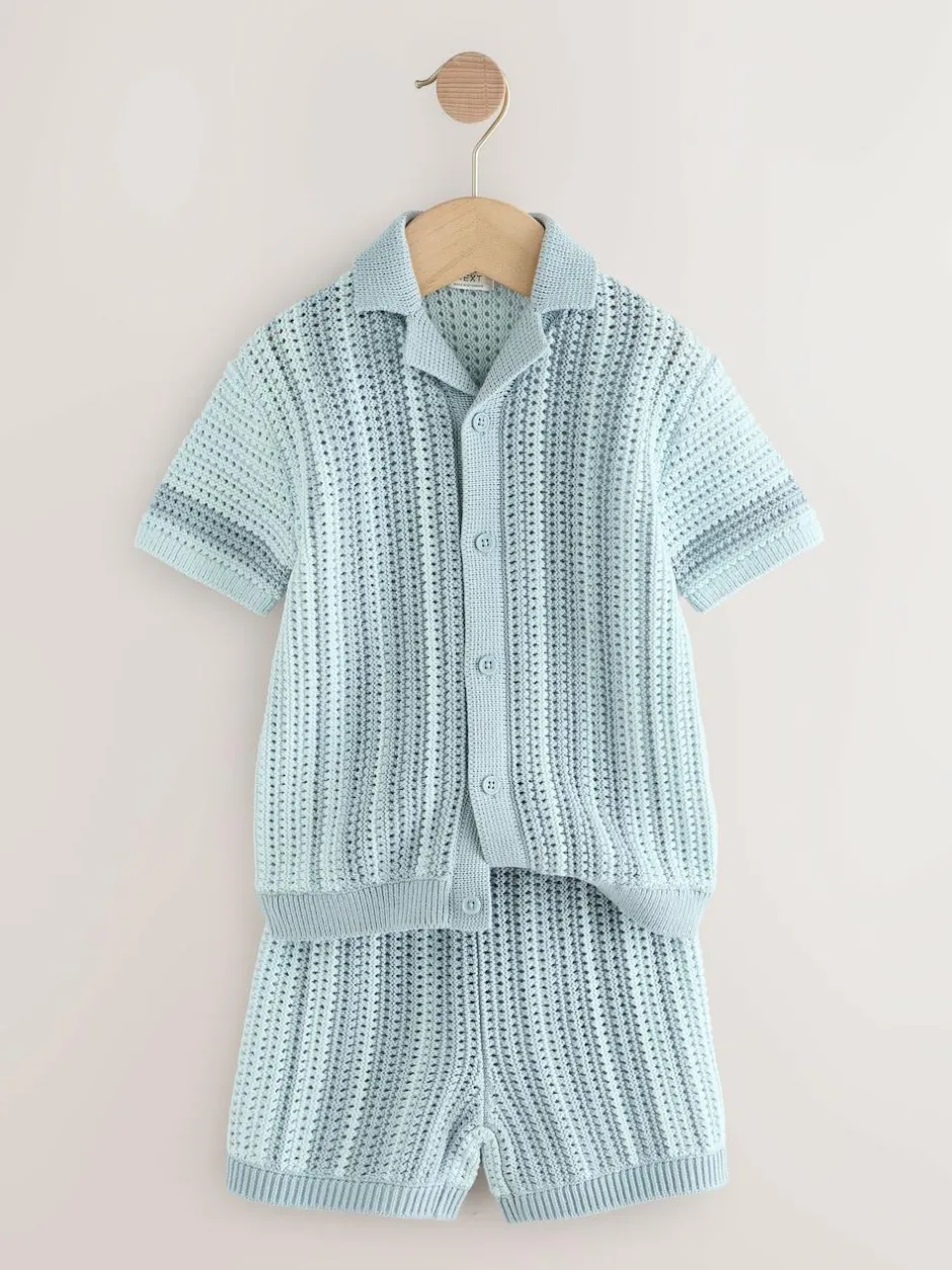 Next Blue Crochet Knitted Short Sleeve Shirt and Shorts Set (3mths-10yrs) Outlet