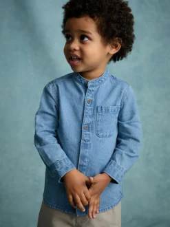 Next Blue Denim 100% Cotton Long Sleeve Grandad Collar Denim Shirt (3mths-7yrs)