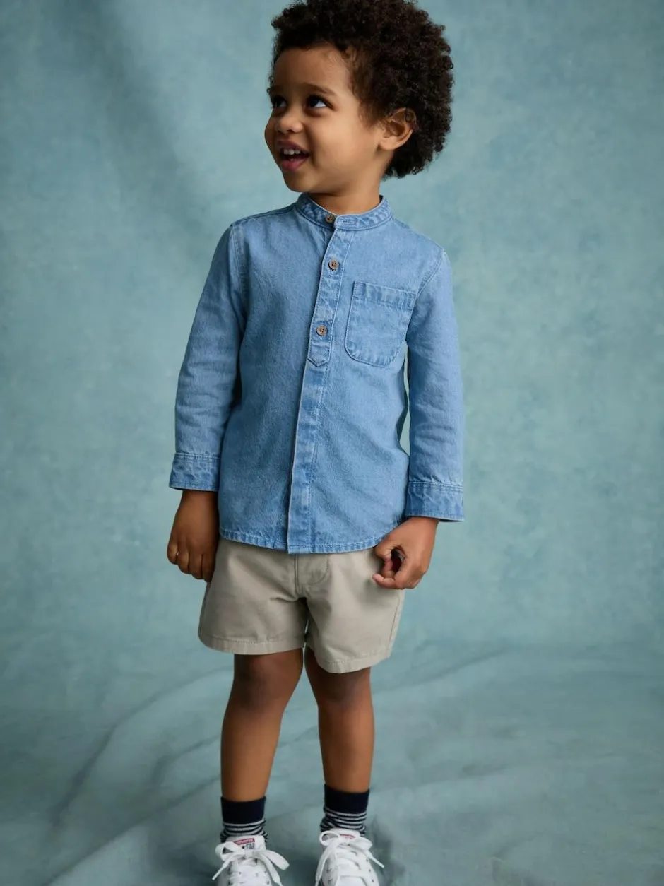 Next Blue Denim 100% Cotton Long Sleeve Grandad Collar Denim Shirt (3mths-7yrs)