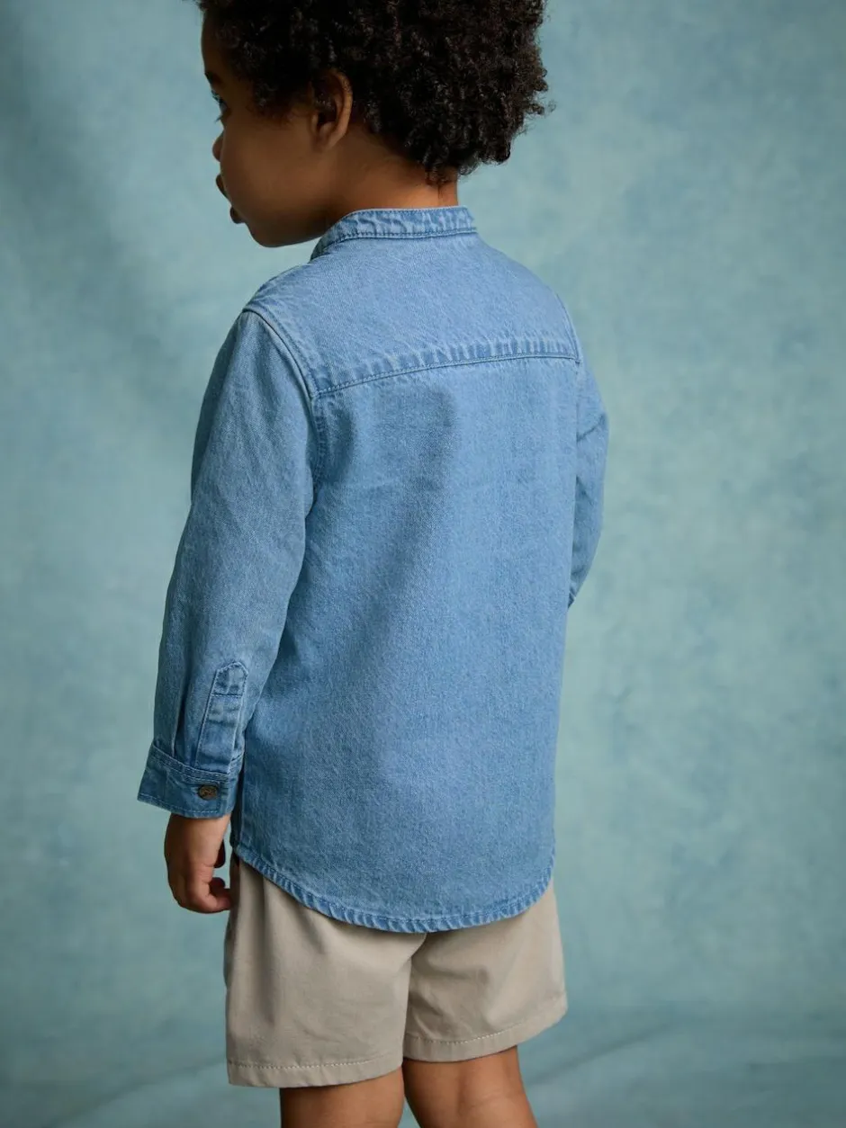 Next Blue Denim 100% Cotton Long Sleeve Grandad Collar Denim Shirt (3mths-7yrs)