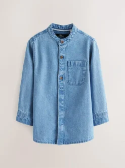 Next Blue Denim 100% Cotton Long Sleeve Grandad Collar Denim Shirt (3mths-7yrs)