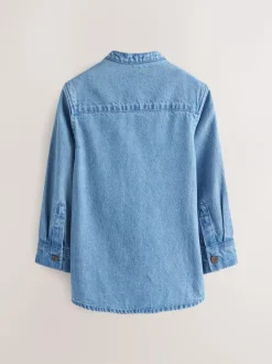 Next Blue Denim 100% Cotton Long Sleeve Grandad Collar Denim Shirt (3mths-7yrs)