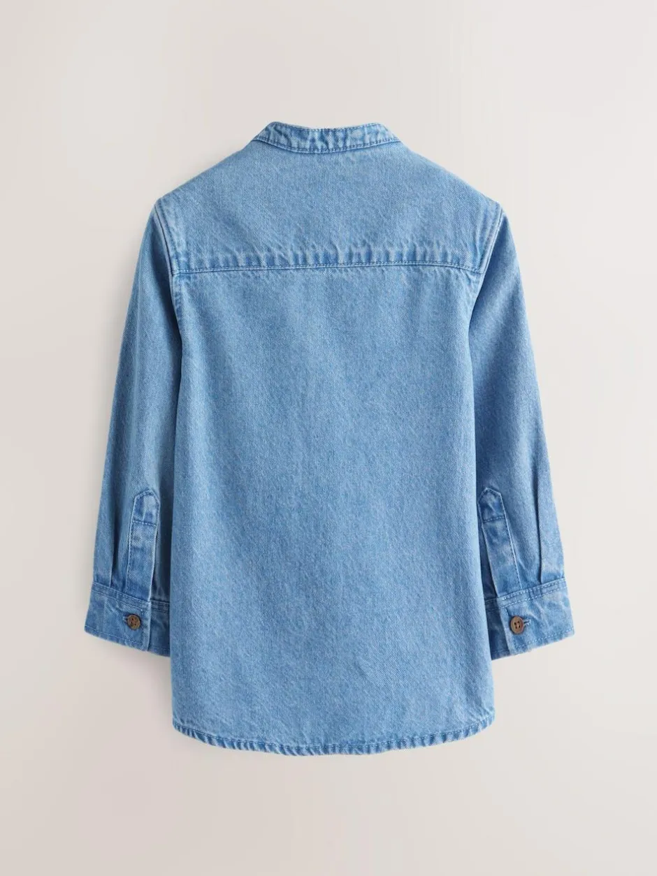 Next Blue Denim 100% Cotton Long Sleeve Grandad Collar Denim Shirt (3mths-7yrs)