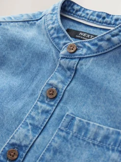 Next Blue Denim 100% Cotton Long Sleeve Grandad Collar Denim Shirt (3mths-7yrs)