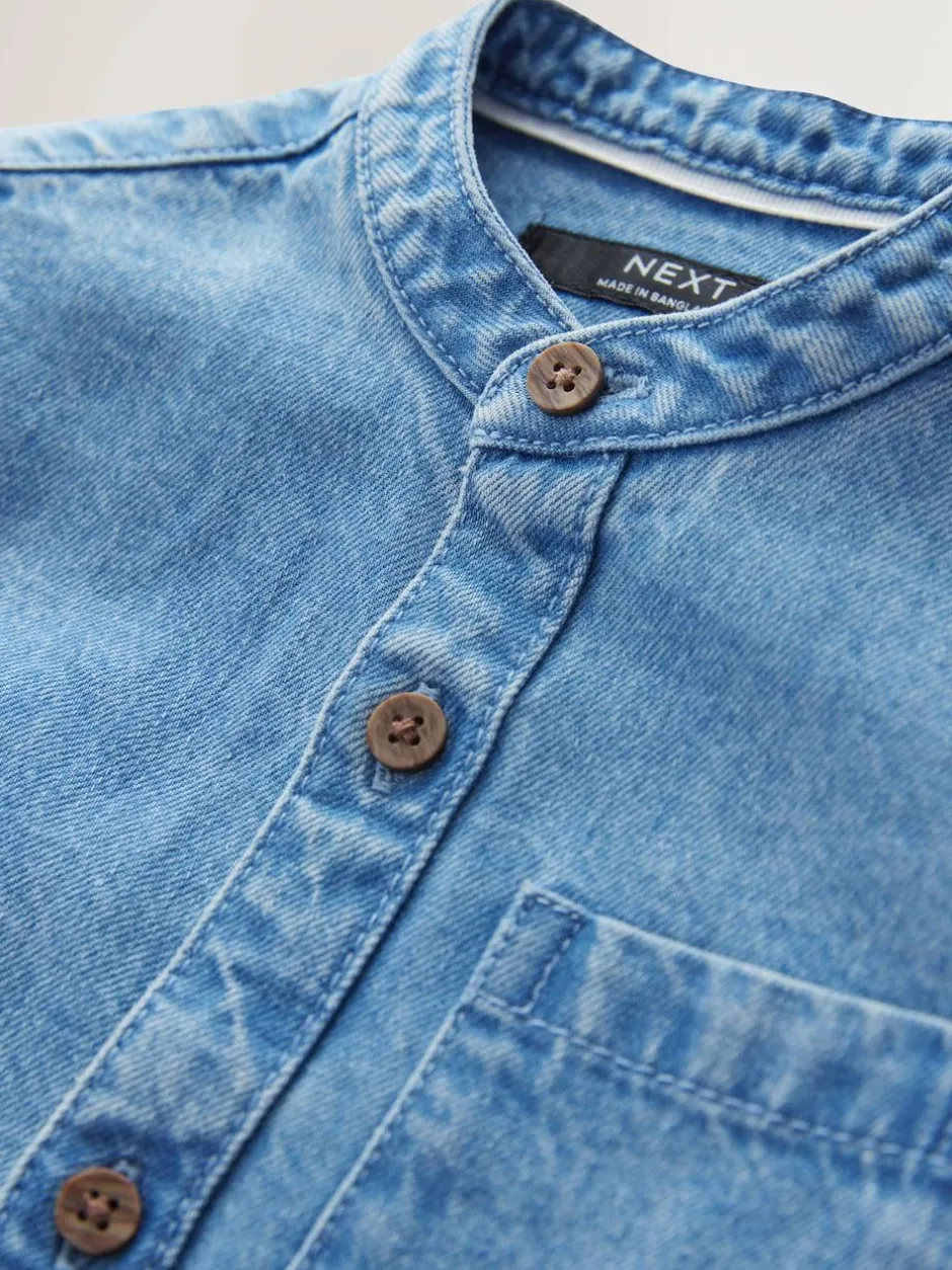 Next Blue Denim 100% Cotton Long Sleeve Grandad Collar Denim Shirt (3mths-7yrs)
