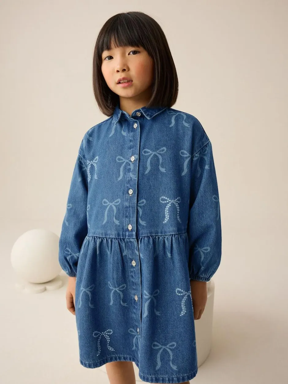 Next Blue Denim Bow Diamante Shirt Dress (3-16yrs) Hot