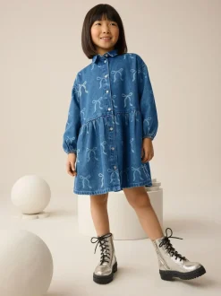 Next Blue Denim Bow Diamante Shirt Dress (3-16yrs) Hot