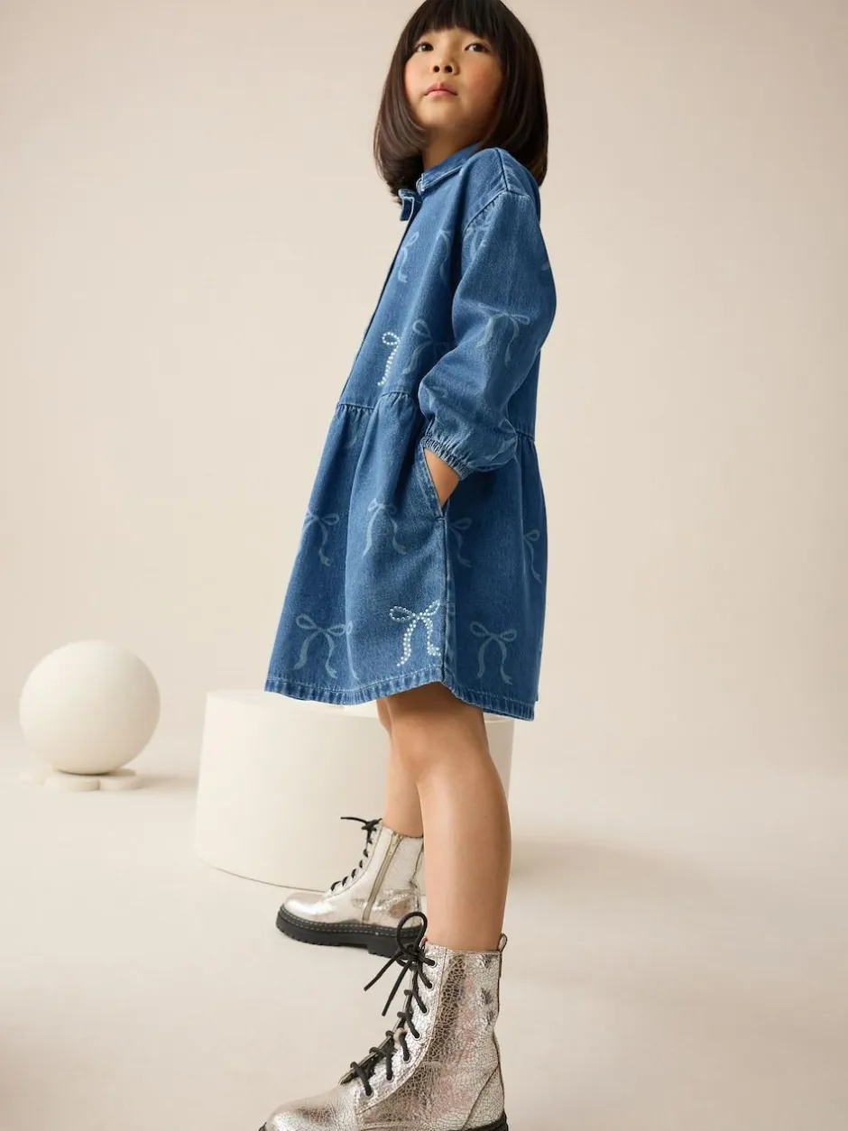 Next Blue Denim Bow Diamante Shirt Dress (3-16yrs) Hot