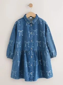 Next Blue Denim Bow Diamante Shirt Dress (3-16yrs) Hot