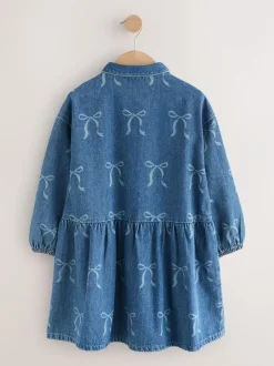 Next Blue Denim Bow Diamante Shirt Dress (3-16yrs) Hot