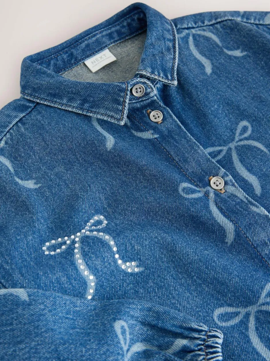 Next Blue Denim Bow Diamante Shirt Dress (3-16yrs) Hot