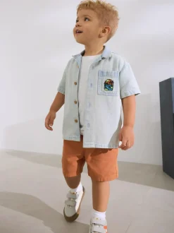 Next Blue Denim Short Sleeve Revere Collar Backprint Shirt (3mths-7yrs) Discount
