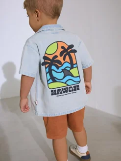 Next Blue Denim Short Sleeve Revere Collar Backprint Shirt (3mths-7yrs) Discount