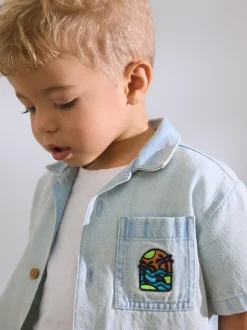 Next Blue Denim Short Sleeve Revere Collar Backprint Shirt (3mths-7yrs) Discount