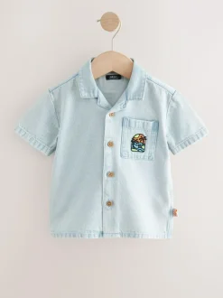 Next Blue Denim Short Sleeve Revere Collar Backprint Shirt (3mths-7yrs) Discount