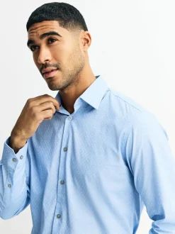 Next Blue Dobby Slim Fit Cotton Stretch Long Sleeve Formal Shirt Sale
