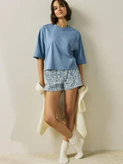 Next Cotton Short Set Pyjamas Blue Floral Sale