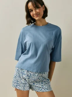 Next Cotton Short Set Pyjamas Blue Floral Sale