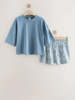Next Cotton Short Set Pyjamas Blue Floral Sale