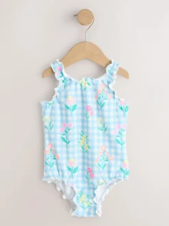 Next Lettuce Edge Swimsuit (3mths-7yrs) Blue Floral Gingham Best