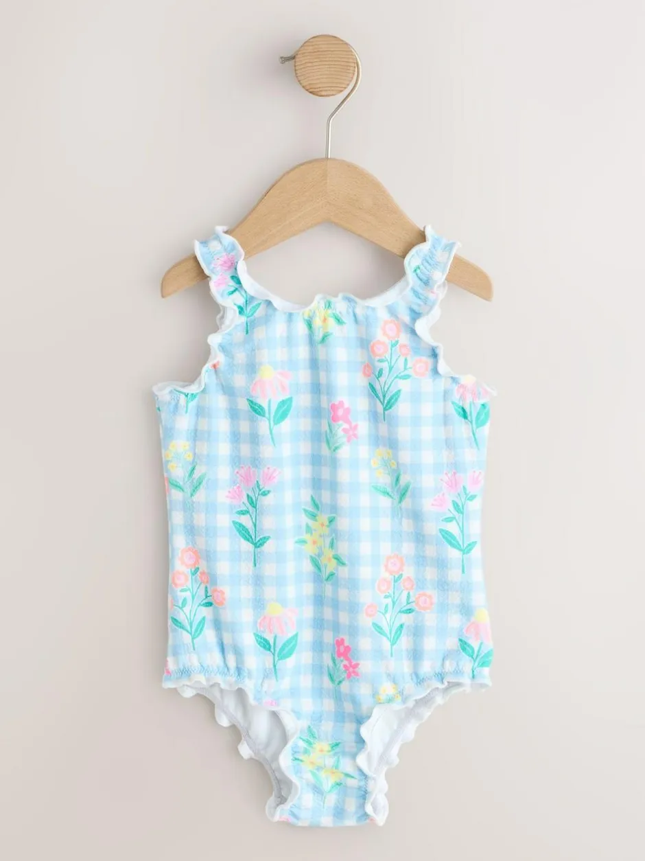 Next Lettuce Edge Swimsuit (3mths-7yrs) Blue Floral Gingham Best