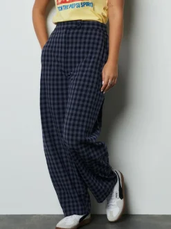 Next Blue Gingham Barrel Leg Trousers Clearance