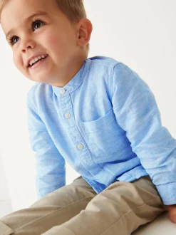 Next Grandad Collar Linen Mix Shirt (3mths-7yrs) Blue Outlet