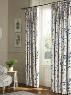 Next Isla Floral Print Pencil Pleat Blackout/Thermal Curtains Blue